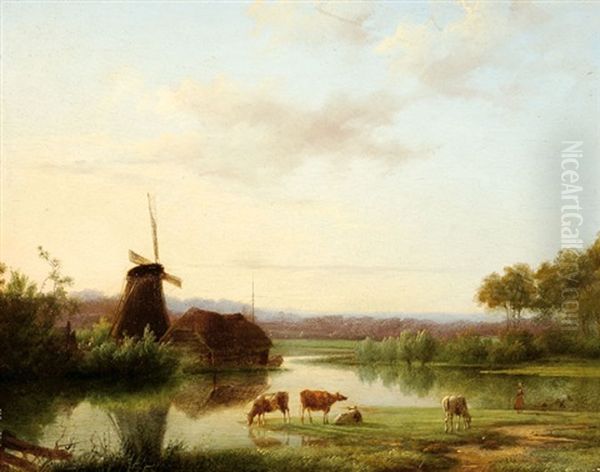 River Landscape With A Shepherdess With Her Cows And To The Left A Mill By A Farm Oil Painting by Marinus Adrianus Koekkoek