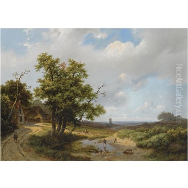 Travellers In An Extensive Summer Landscape Oil Painting by Marinus Adrianus Koekkoek