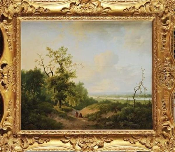 Personnages Sur Un Chemin Dans Un Paysage De Riviere Anime De Bateaux A Vapeur Oil Painting by Marinus Adrianus Koekkoek