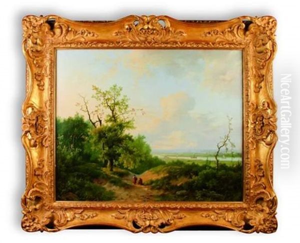 Personnages Sur Un Chemin Dans Un Paysage De Riviere Anime De Bateaux A Vapeur Oil Painting by Marinus Adrianus Koekkoek