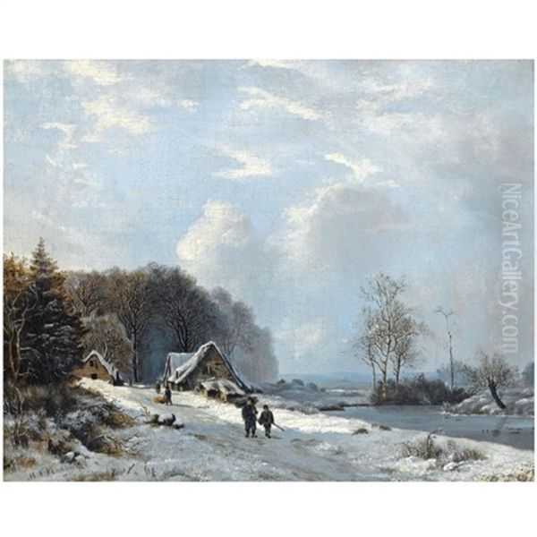 Figures On A Country Road In A Snow Covered Landscape Oil Painting by Marinus Adrianus Koekkoek