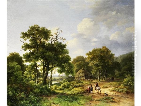 Landschaft Mit Strohgedeckter Hutte Am Rande Eines Eichenwaldchens Mit Reiter Und Wanderern Oil Painting by Marinus Adrianus Koekkoek