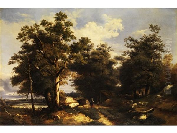 Grosse Baumlandschaft Mit Schindelgedeckter Viehhutte, Tieren Und Figurenstaffage Oil Painting by Marinus Adrianus Koekkoek