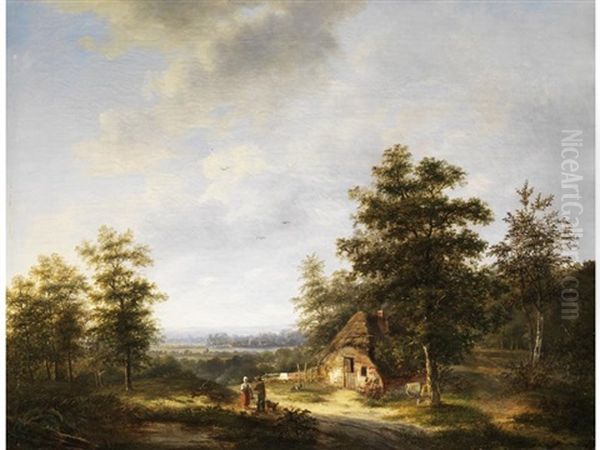 Baumlandschaft Mit Strohgedeckter Hutte Und Figurenstaffage Oil Painting by Marinus Adrianus Koekkoek