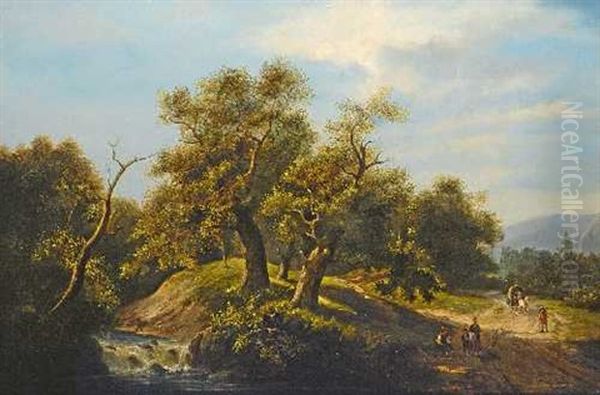 Waldweg Mit Pferdefuhrwerk Und Rastenden Wanderern Oil Painting by Marinus Adrianus Koekkoek