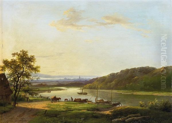 Weite Flusslandschaft Mit Schiffen Und Pferdefuhrwerken Oil Painting by Marinus Adrianus Koekkoek