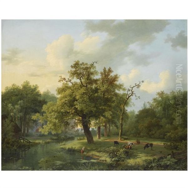 A Dutch Summer Landscape Oil Painting by Marinus Adrianus Koekkoek