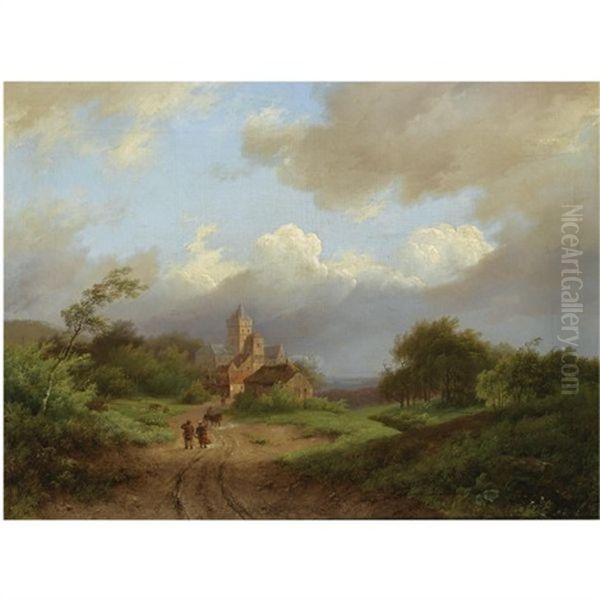 Figures On A Country Road On A Windy Day Oil Painting by Marinus Adrianus Koekkoek