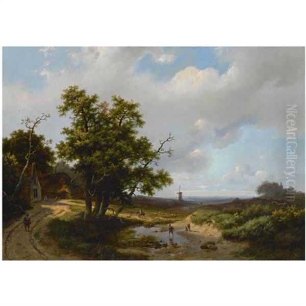 Travellers In An Extensive Summer Landscape Oil Painting by Marinus Adrianus Koekkoek