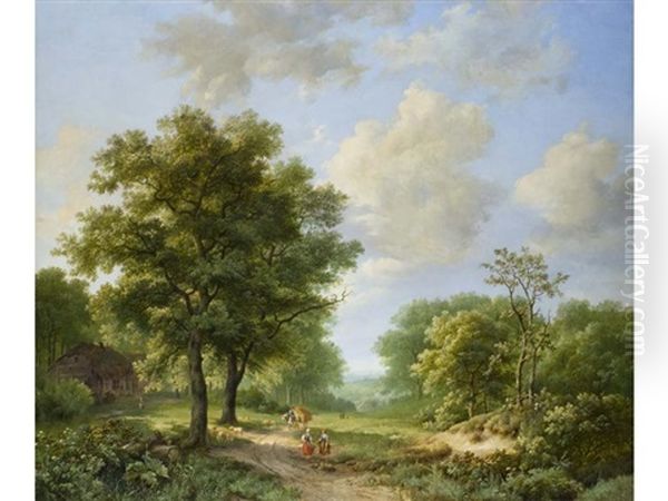 Eichenwaldlandschaft Mit Personen Auf Einem Feldweg (collab. W/pieter Frederick Van Os) Oil Painting by Marinus Adrianus Koekkoek