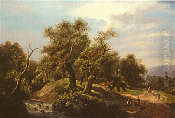 Waldweg Mit Pferdefuhrwer Und Rastenden Wanderern Oil Painting by Marinus Adrianus Koekkoek