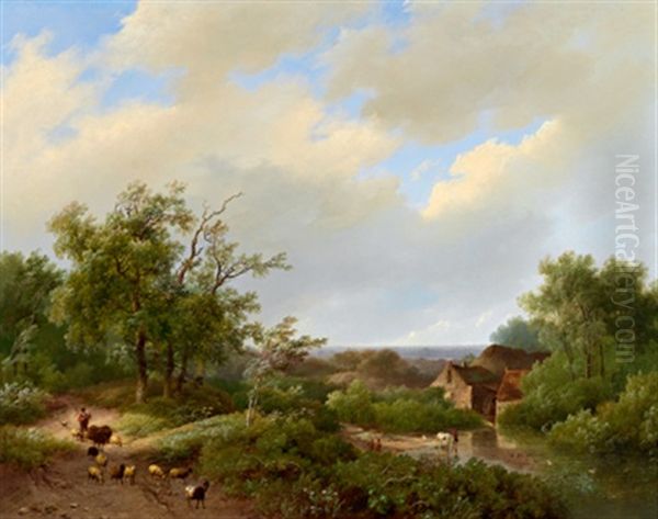 Bewaldete Landschaft Mit Wassermuhle Und Hirtenstaffage (collab. W/eugene Verboeckhoven) Oil Painting by Marinus Adrianus Koekkoek