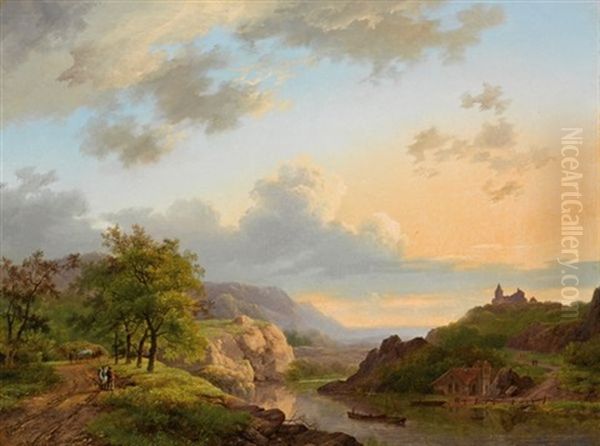 Travellers In An Extensive River Landscape Oil Painting by Marinus Adrianus Koekkoek