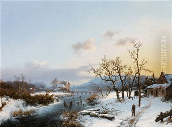 Figures In An Extensive Winter Landscape Oil Painting by Marinus Adrianus Koekkoek