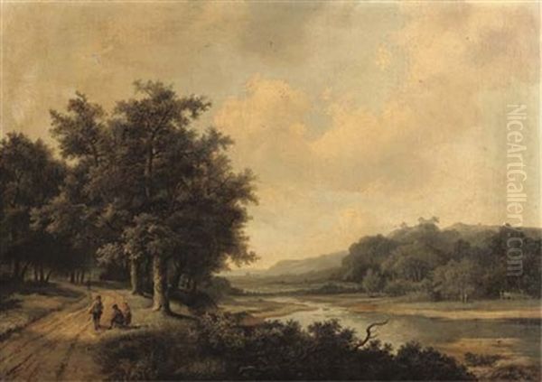 Travellers Resting On A Sandy Track Near A River Oil Painting by Marinus Adrianus Koekkoek