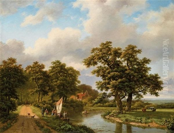 Wooded Landscape With Figures And Cattle By A River Oil Painting by Marinus Adrianus Koekkoek