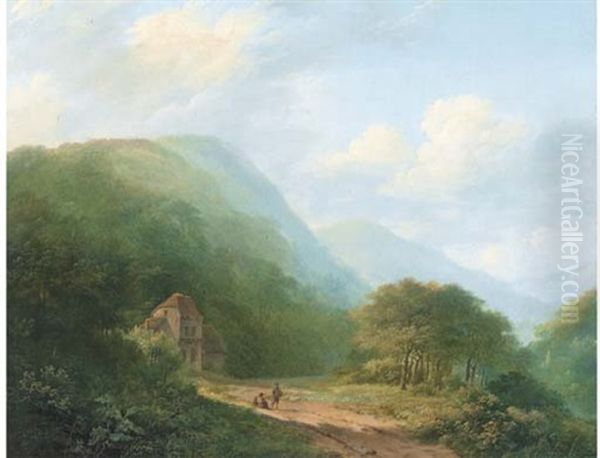 Travellers Before A Forest Lodge Oil Painting by Marinus Adrianus Koekkoek