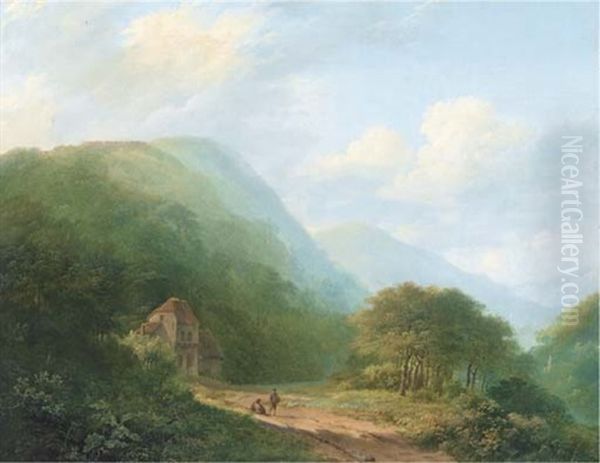 Travellers Before A Forest Lodge Oil Painting by Marinus Adrianus Koekkoek