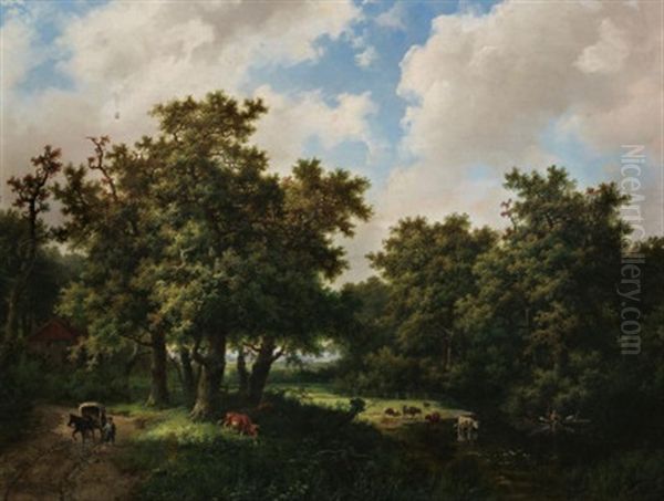 Romantische Waldlandschaft. Eichenwaldchen Im Sonnenlicht Mit Kuhen Und Personenstaffage Oil Painting by Marinus Adrianus Koekkoek