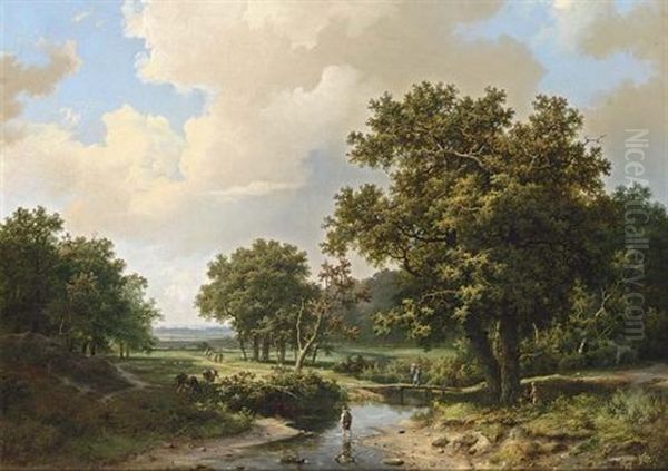 Figures In An Extensive Summer Landscape Oil Painting by Marinus Adrianus Koekkoek