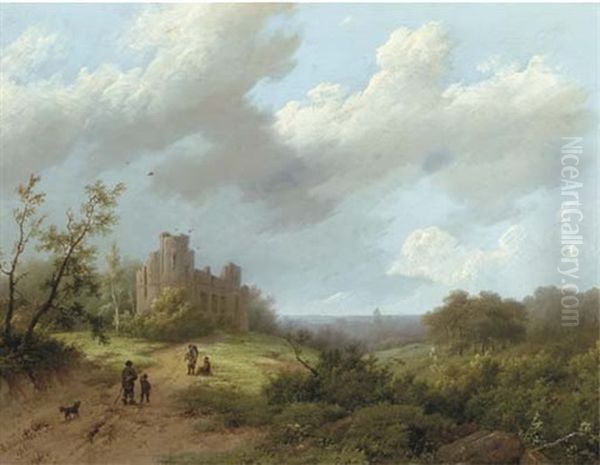 A Panoramic Landscape With A Ruin Oil Painting by Marinus Adrianus Koekkoek