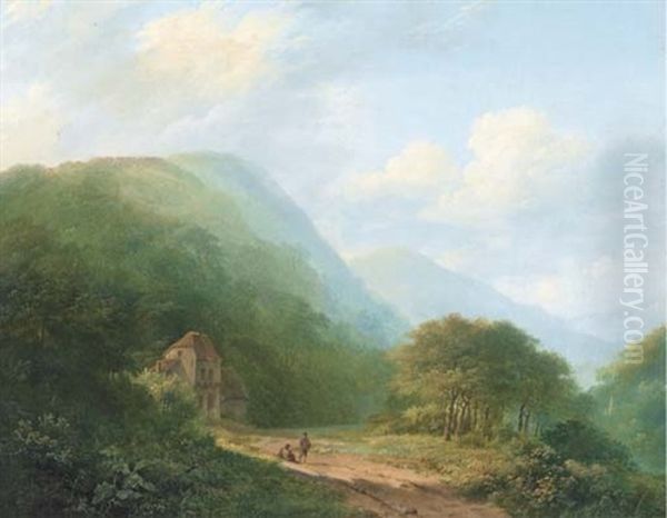 Travellers Before A Forest Lodge Oil Painting by Marinus Adrianus Koekkoek