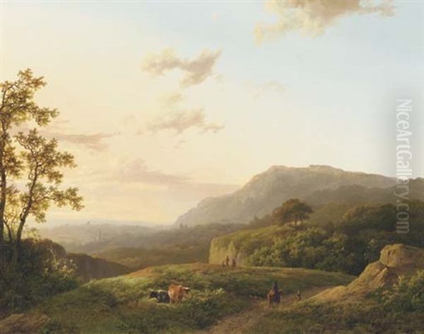 A Panoramic View Of A Hilly Landscape At Dusk Oil Painting by Marinus Adrianus Koekkoek