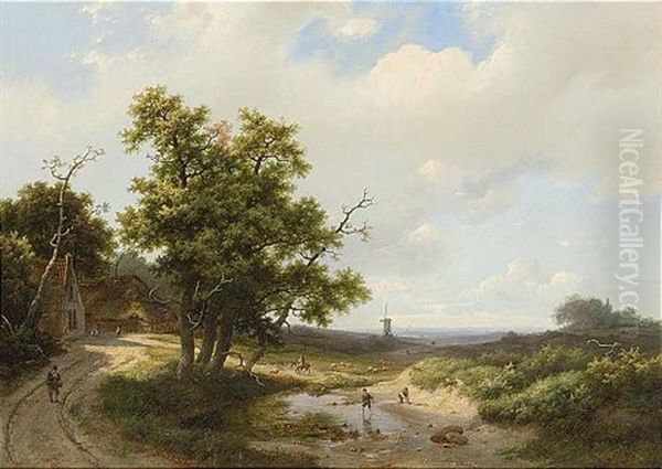 Travellers In An Extensive Summer Landscape Oil Painting by Marinus Adrianus Koekkoek