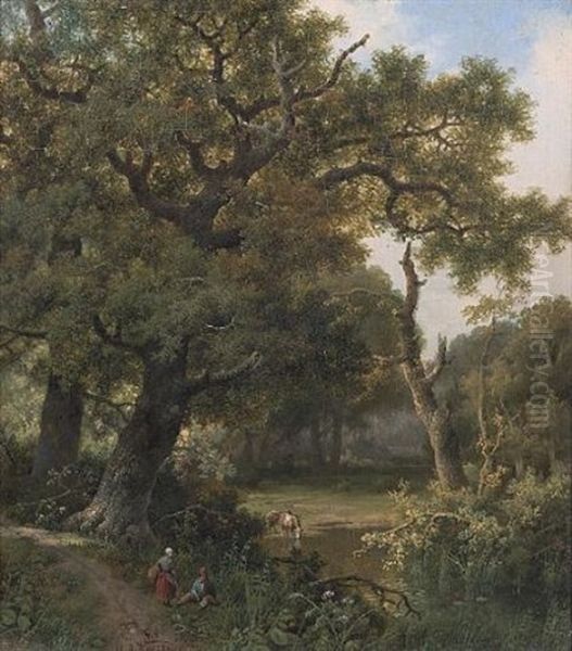 Figures In A Wooded Landscape With Cattle Beyond Oil Painting by Marinus Adrianus Koekkoek