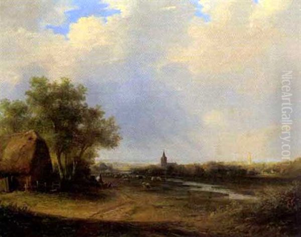 Schafer Mit Seiner Herde Vor Einer Stadt Oil Painting by Marinus Adrianus Koekkoek