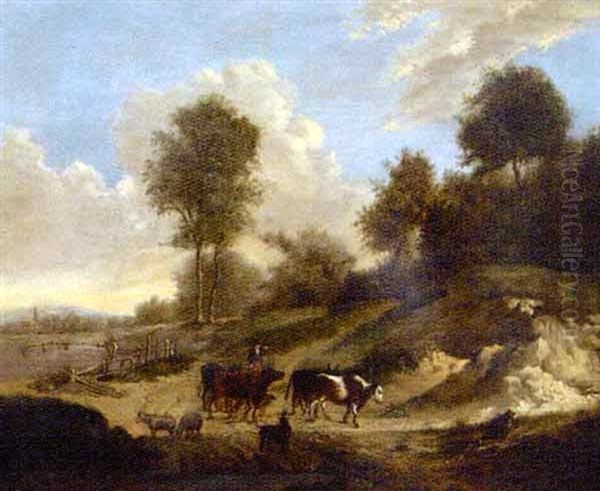 Paysage Avec Berger Et Troupeau Pres D'un Abreuvoir Oil Painting by Marinus Adrianus Koekkoek