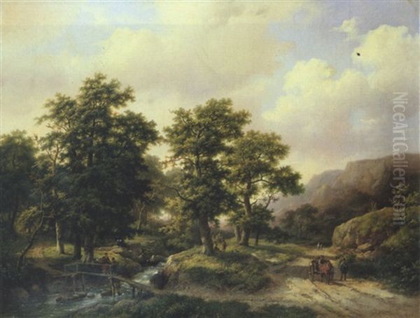 Mittelgebirgslandschaft Mit Pferdefuhrwerk Oil Painting by Marinus Adrianus Koekkoek