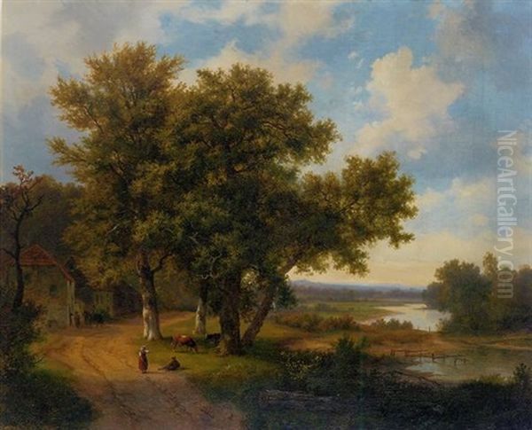 River Landscape Oil Painting by Marinus Adrianus Koekkoek