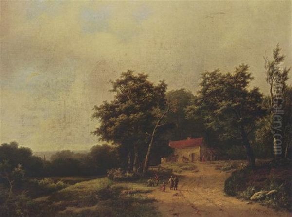 A Summer Landscape With Figures By A Farm Oil Painting by Marinus Adrianus Koekkoek