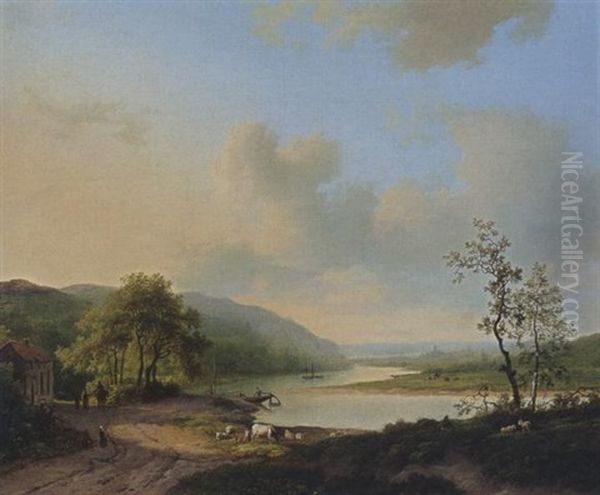 An Extensive River Landscape Oil Painting by Marinus Adrianus Koekkoek