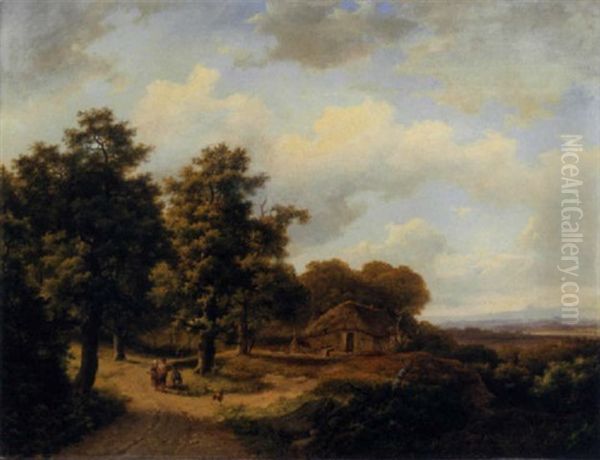 A Wooded Landscape With Peasants On A Country Road Oil Painting by Marinus Adrianus Koekkoek