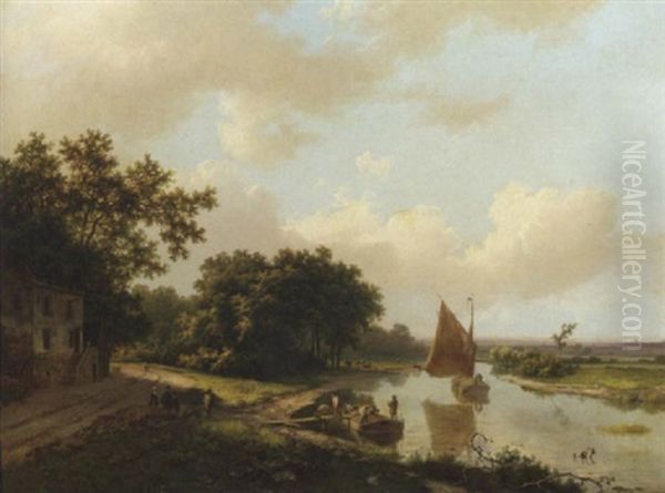 An Extensive River Landscape With Figures Unloading A Stone Transport Oil Painting by Marinus Adrianus Koekkoek