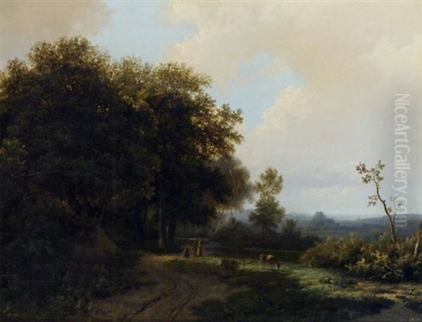 Figures Conversing On A Sandy Track At The Edge Of A Forest Oil Painting by Marinus Adrianus Koekkoek