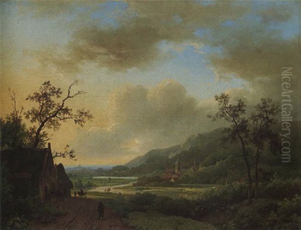 A Mountainous Landscape With Travellers By An Inn Oil Painting by Marinus Adrianus Koekkoek