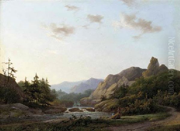 Travellers In An Extensive Wooded River Landscape Oil Painting by Marinus Adrianus Koekkoek