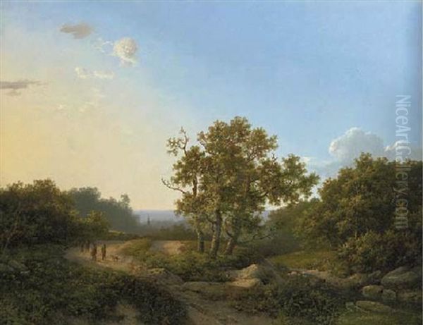 Travellers In A Wooded River Landscape Oil Painting by Marinus Adrianus Koekkoek