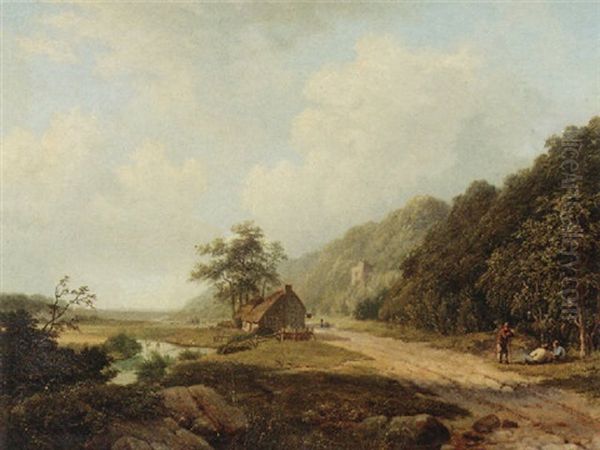 A Hilly Summer Landscape With Figures Resting By A Sandy Track Oil Painting by Marinus Adrianus Koekkoek