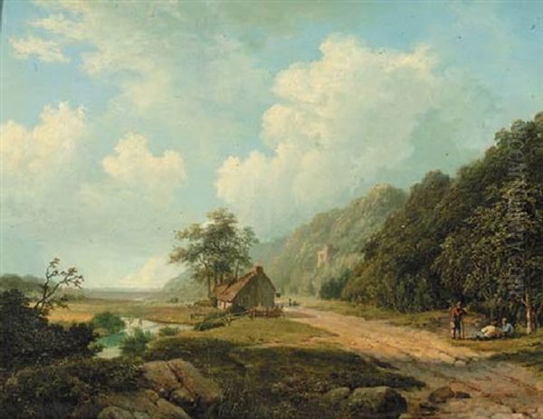 A Hilly Summer Landscape With Figures Resting By A Sandy Track Oil Painting by Marinus Adrianus Koekkoek