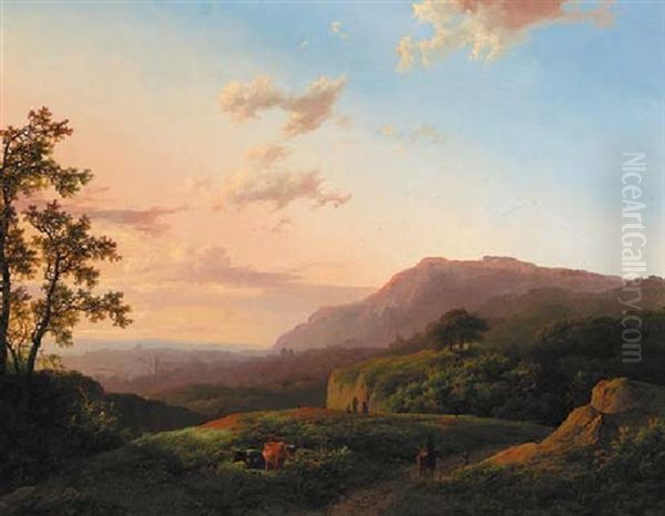 A Panoramic View Of A Rheinish Valley At Dusk Oil Painting by Marinus Adrianus Koekkoek