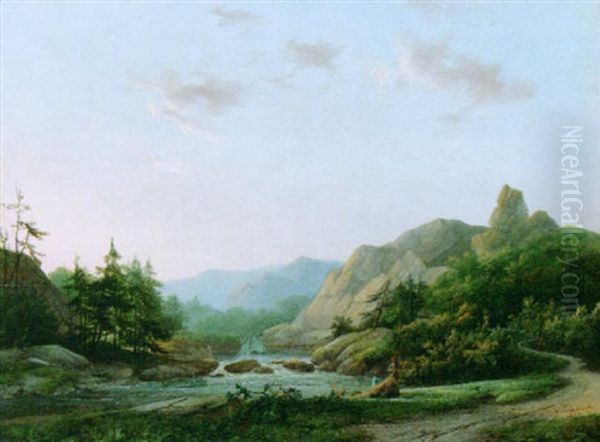 A Mountainous Landscape With Figures By A Stream Oil Painting by Marinus Adrianus Koekkoek