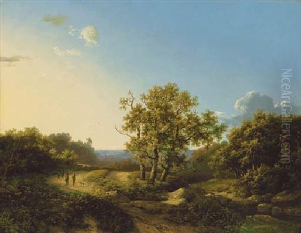 Travellers In A Wooded Landscape Oil Painting by Marinus Adrianus Koekkoek