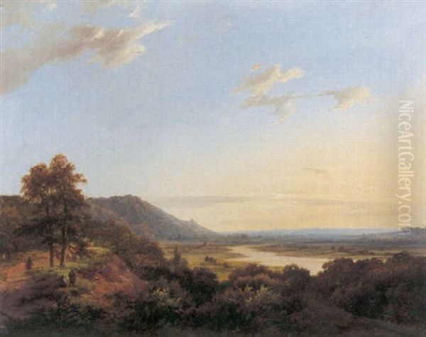 Reizige En Jagers In Een Heuvelachtig Rivierlandschap Oil Painting by Marinus Adrianus Koekkoek