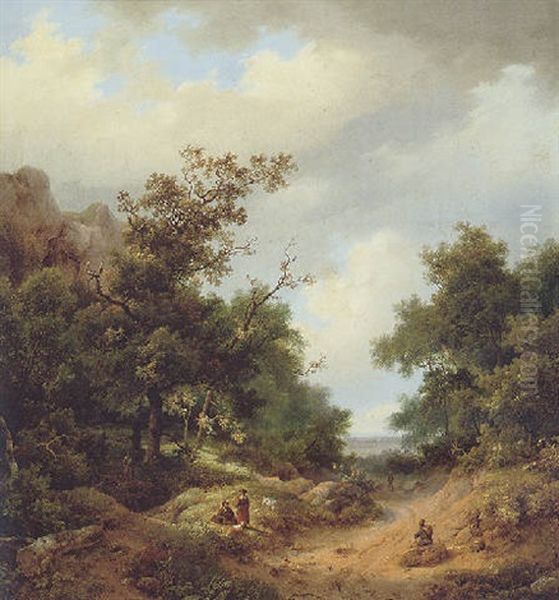 Travellers Resting By The Side Of A Path Oil Painting by Marinus Adrianus Koekkoek