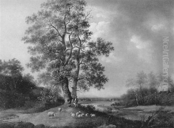 Landschaft Mit Einem Hirtenpaar Bei Einem Baum Mit Ihren Schafen Oil Painting by Marinus Adrianus Koekkoek