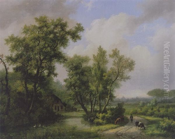 Bosrijk Landschap Met Een Boer En Koeien Op Een Zandpad Oil Painting by Marinus Adrianus Koekkoek